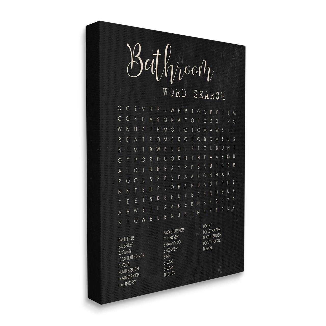 Stupell Industries Bathroom Word Search Activity over Distressed Black Canvas Wall Art
